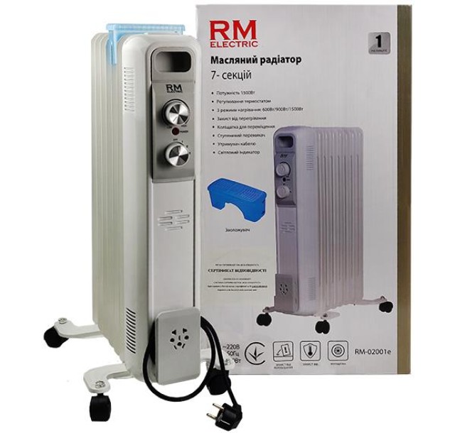 Обігрівач оливний RM Electric, 15м2, 1500Вт, мех. упр-ння, 7 секцій, зволожувач, білий