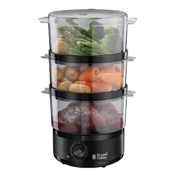 Пароварка Russell Hobbs Kitchen Collection 400Вт, чаша-2.3/3.3л, резервуар для води -0.5л, механічне керування, 3 яруси, пластик, чорний