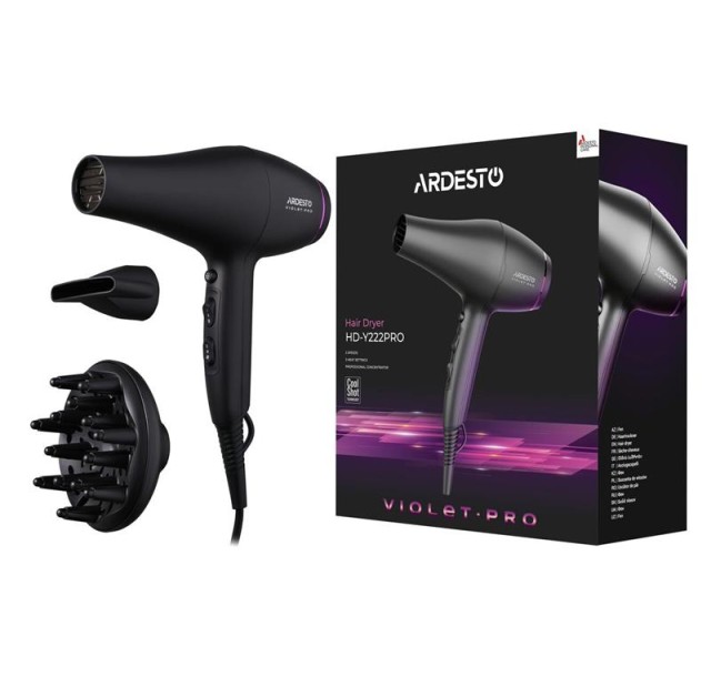 Фен Ardesto Violet PRO HD-Y222PRO, 1850-2200Вт, 2 швидкості, 3темп.режима, дифузор, чорний