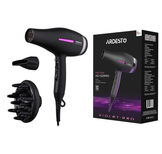 Фен Ardesto Violet PRO HD-Y223PRO, 1850-2200Вт, 2 швидкості , 3темп.режими, дифузор, чорний