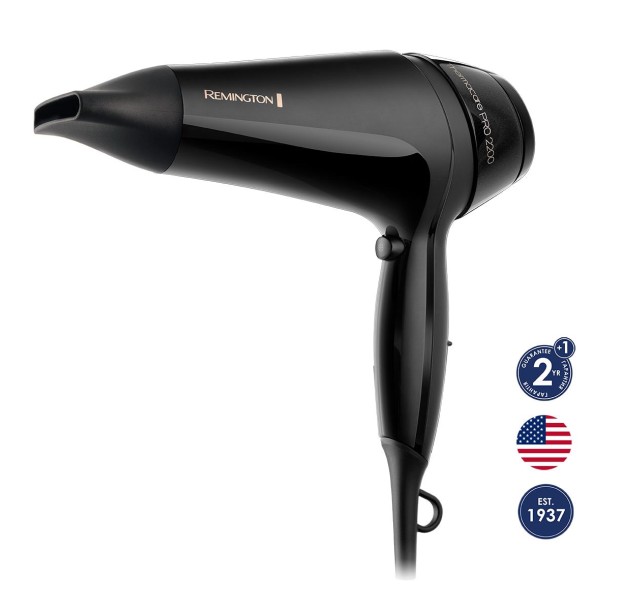 Фен Remington Thermacare Pro, 2200Вт, 3 режими, турмалінова іоніз-я, хол. обдув, чорний