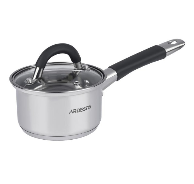 Ківш Ardesto Gemini Salerno, скляна кришка, 0.7 л, сірі ручки з силіконом, нержавіюча сталь
