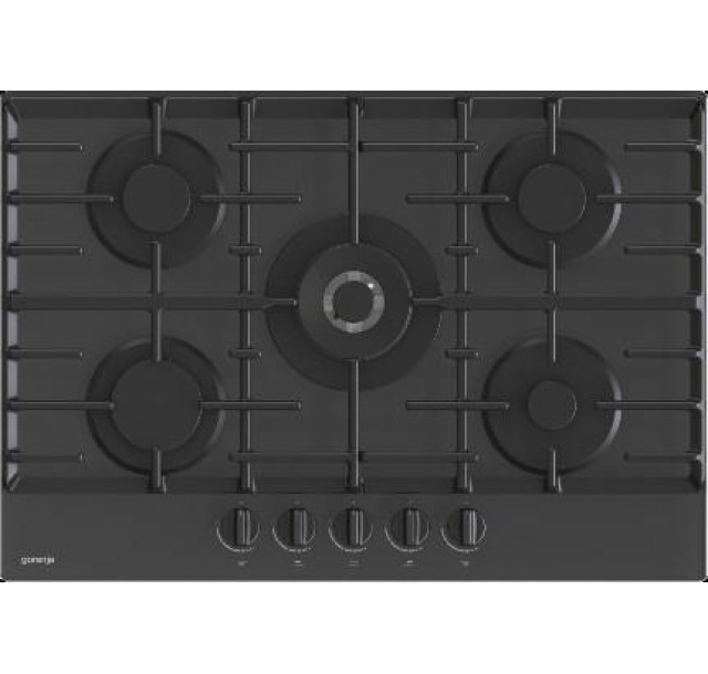 Варильна поверхня Gorenje газова на склі, 75см, чавун, конфорка Wok, чорний