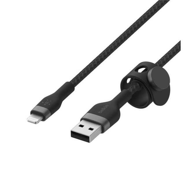 Кабель заряджання/синхронізації Belkin USB-A > Lightning, 1м, плетений, силіконовий, з ремінцем на магніті, чорний