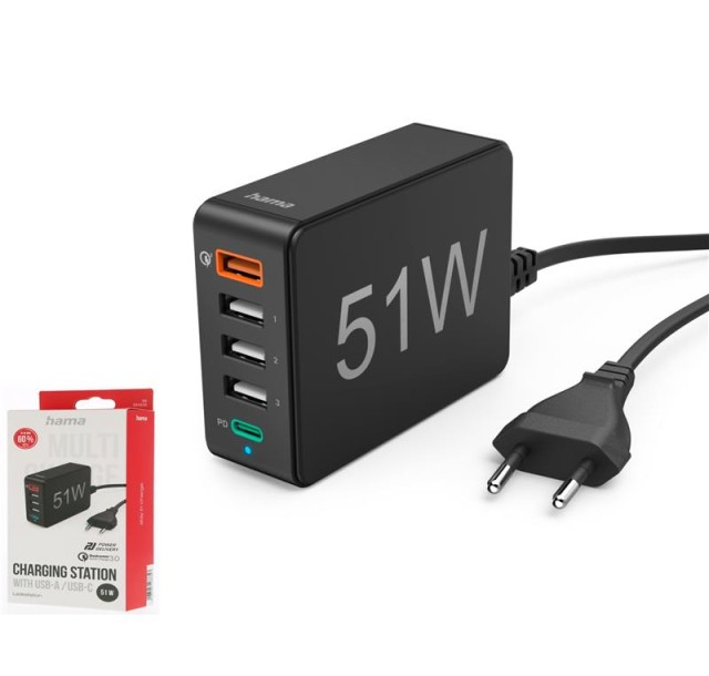 Універсальний зарядний пристрій Hama 1 x QC 3.0, 3 x USB-A, 1 x USB-C PD, 51W Black