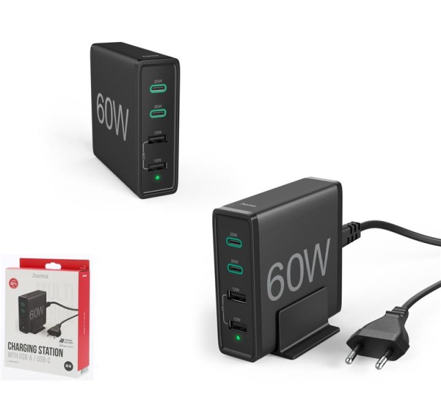 Універсальний зарядний пристрій Hama 2 x USB-C PD/QC, 2 x USB-A, 60W Black