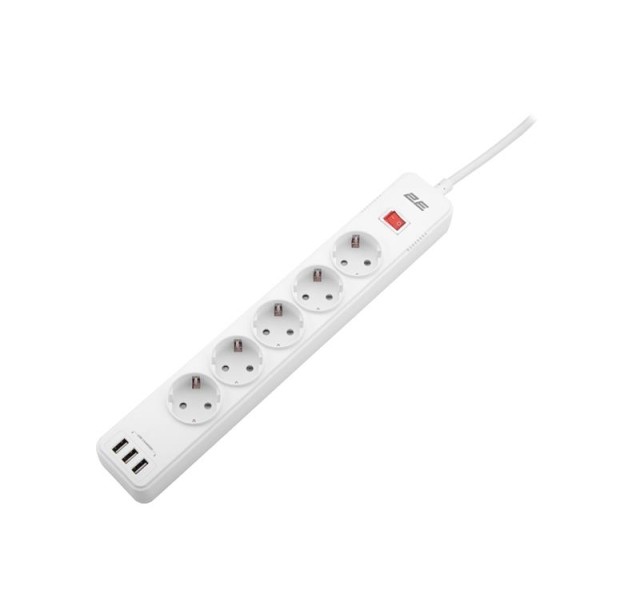 Подовжувач-фільтр мережевий 2E 5xТип F, 3x1.5мм кв, 16A, 3xUSB-A, з захистом від перенапруги, 2м, білий
