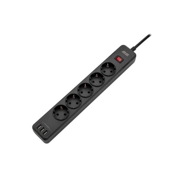 Подовжувач-фільтр мережевий 2E 5xТип F, 3x1.5мм кв, 16A, 3xUSB-A, з захистом від перенапруги, 2м, чорний
