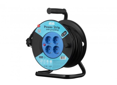 Подовжувач мережевий 2E 4хТип F, 3х1.5мм кв, 16A, на котушці, 20м, чорно-синій