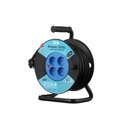 Подовжувач мережевий 2E 4хТип F, 3х1.5мм кв, 16A, на котушці, 20м, чорно-синій