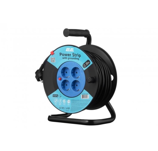 Подовжувач мережевий 2E 4хТип F, 3х1.5мм кв, 16A, на котушці, 20м, чорно-синій