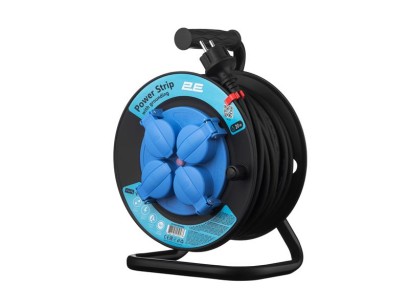 Подовжувач мережевий 2E 4хТип F, 3х1.5мм кв, 16A, на котушці, 20м, чорно-синій