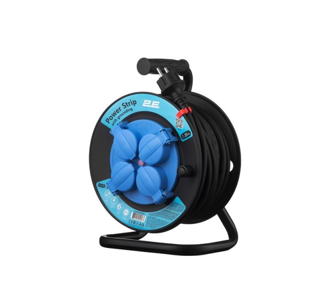 Подовжувач мережевий 2E 4хТип F, 3х1.5мм кв, 16A, на котушці, 20м, чорно-синій