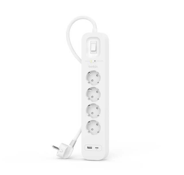 Подовжувач-фільтр мережевий Belkin 4хТип F, 3x1.5мм кв, 16А, USB-A/USB-C 18Вт, з захистом від перенапруги, 2м, білий