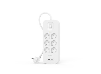 Подовжувач-фільтр мережевий Belkin 6хТип F, 3x1.5мм кв, 16А, USB-A/USB-C 18Вт, з захистом від перенапруги, 2м, білий