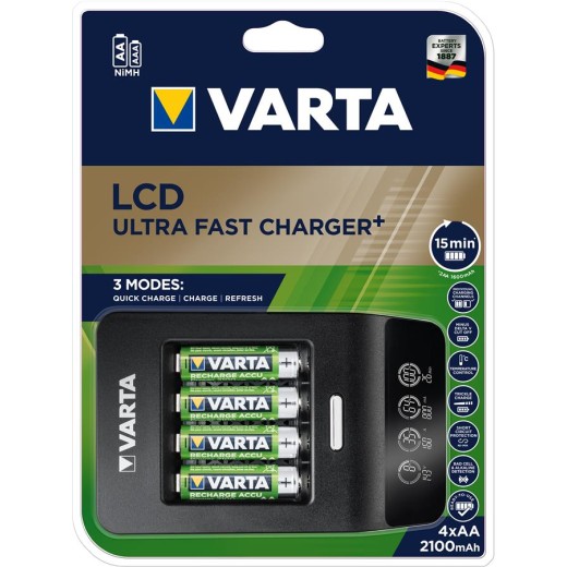 Зарядний пристрій VARTA LCD Ultra Fast Plus Charger + Акумулятор NI-MH AA 2100 мАг, 4 шт.