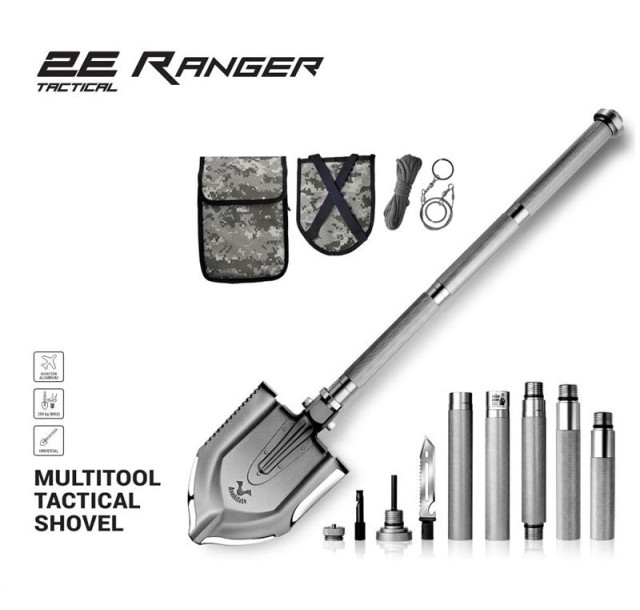 Лопата-мультитул тактична 2E Ranger Steel Gray розбірна, 22в1, з чохлом у комплекті, 103 см макс., 1.6 кг