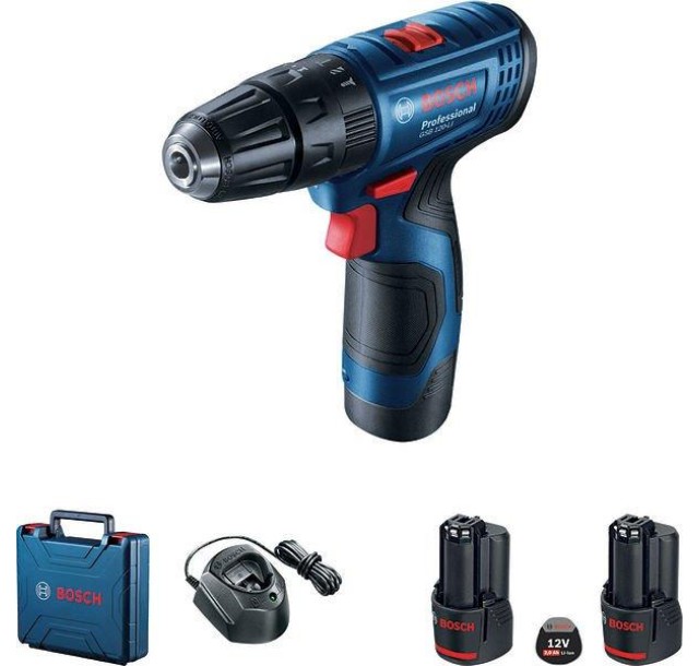 Шурупокрут-дриль акумуляторний Bosch GSB 120-Li, 12В 2*2 Аг, 11/28Нм, 400/1300об/хв, ЗП, кейс, 0.89 кг
