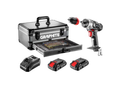 Шурупокрут-дриль ударний акумуляторний GRAPHITE Energy+, 18В 2х2.0Аг, 44Нм, 0-1250об/хв, набір 109шт приладдя, кейс, 7.35кг