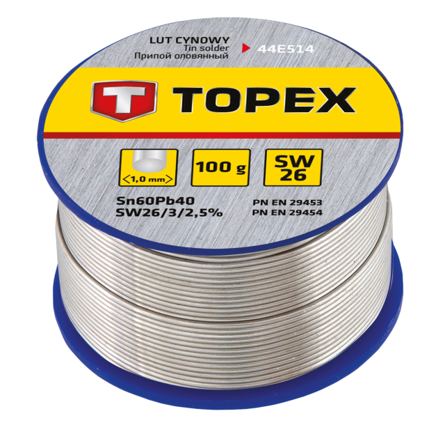 Припій олов'яний TOPEX, Sn60Pb40, флюс SW26, дріт 1мм, 100г