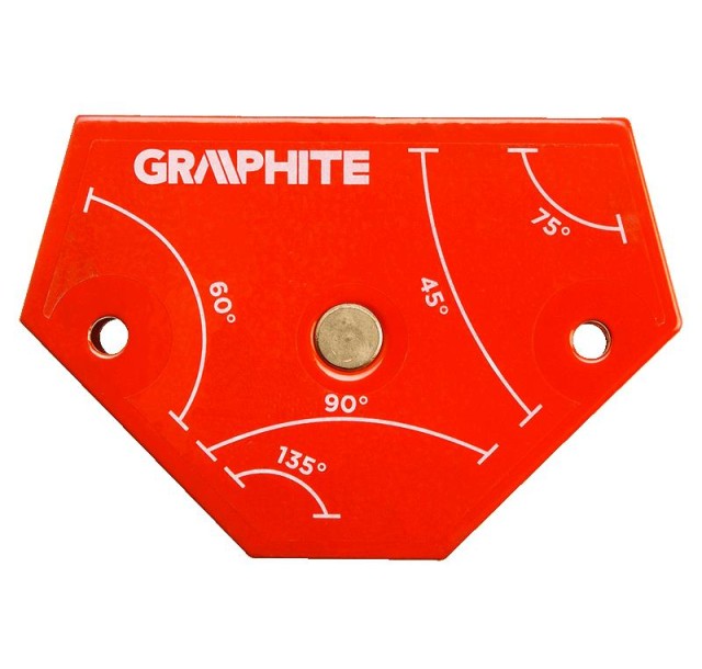 Кутник зварювальний GRAPHITE 56H904, магнітний, 64x95x14мм, максимальна вантажопідйомність 11.4кг, кут 45,60,75,90,135°