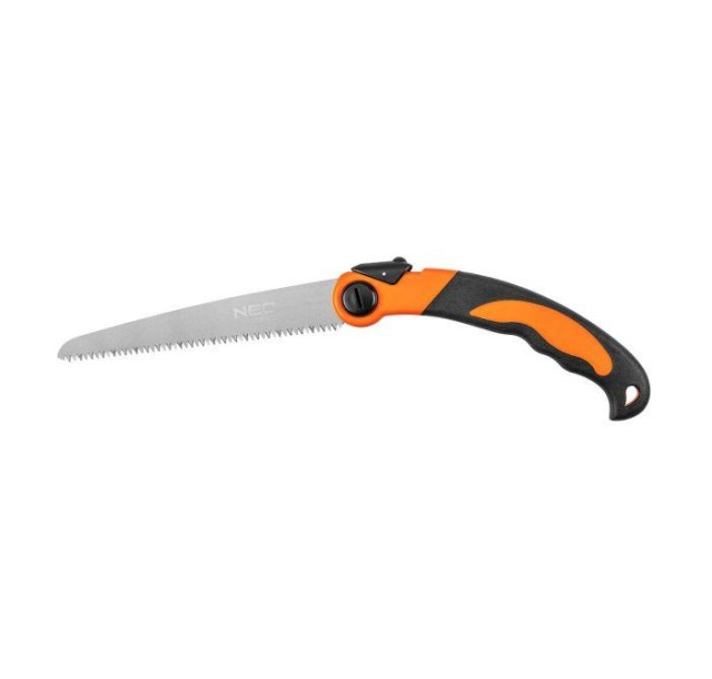 Пила Neo Tools Bushcraft, 430мм, складана, два положення фіксації, гумова ручка, сталь SK4, твердість HRC66, три ряди зубів