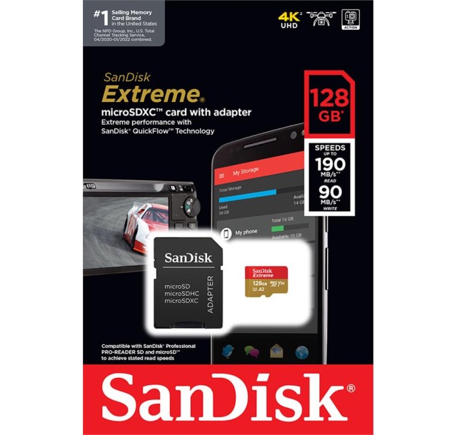 Карта пам'яті SanDisk microSD  128GB C10 UHS-I U3 R190/W90MB/s Extreme V30 + SD
