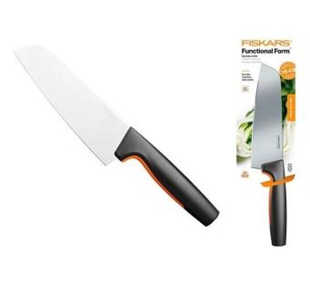 Кухонний ніж поварський Santoku Fiskars Functional Form, 16см, нержавіюча сталь, пластик, чорний