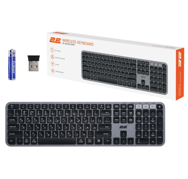 Клавіатура мембранна 2E KS240 110key, WL/BT, EN/UK, сіро-чорний