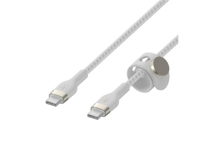 Кабель USB-C > USB-C заряджання/синхронізації Belkin, 1м, 60Вт, Type-C, плетений, силіконовий, з ремінцем на магніті, білий