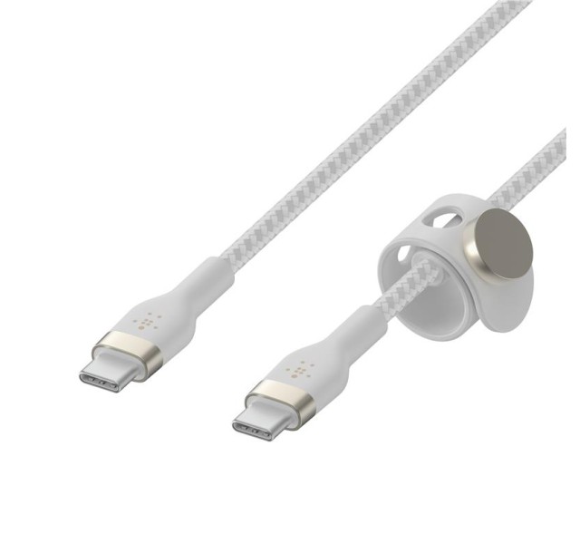Кабель USB-C > USB-C заряджання/синхронізації Belkin, 1м, 60Вт, Type-C, плетений, силіконовий, з ремінцем на магніті, білий