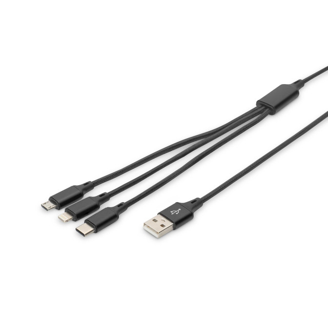 Кабель USB-A > Lightning/USB-С/microUSB заряджання/синхронізації, DIGITUS, 1м, Type-C, чорний