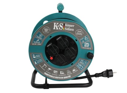 Подовжувач мережевий Konner&Sohnen KSCR-25M KS 2E 4хТип F, 3х2.5мм кв, 16A, на котушці, 25м, зелений