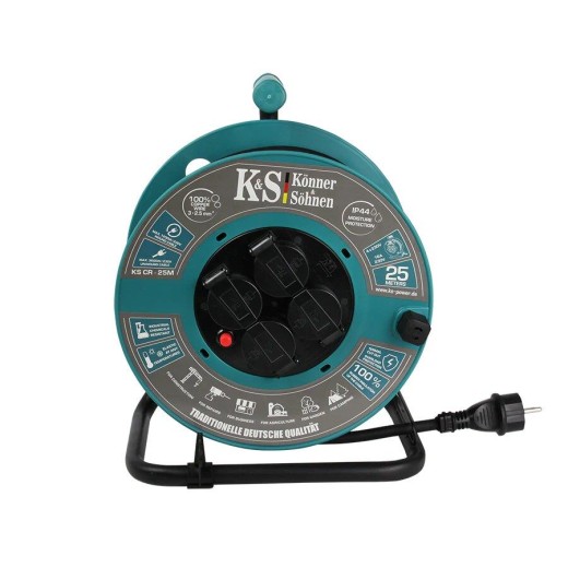 Подовжувач мережевий Konner&Sohnen KSCR-25M KS 2E 4хТип F, 3х2.5мм кв, 16A, на котушці, 25м, зелений