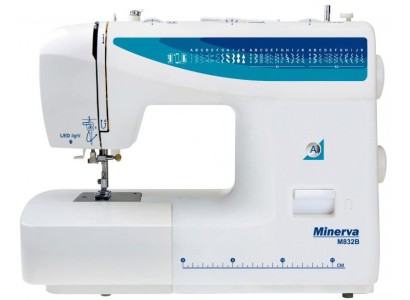 Швейна машина МINERVA M832B,  електромех., 85 Вт,  37 швейних операцій, петля напівавтомат, білий+синій