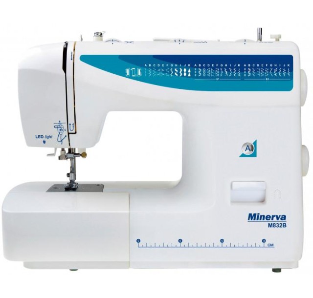 Швейна машина МINERVA M832B,  електромех., 85 Вт,  37 швейних операцій, петля напівавтомат, білий+синій
