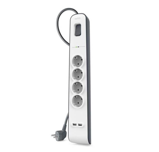Подовжувач-фільтр мережевий Belkin 4хТип F, 3x1.5мм кв, 16А, 2xUSB-A 2.4A, з захистом від перенапруги, 2м, білий