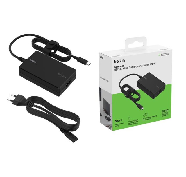 Зарядний пристрій мережевий Belkin 100Вт USB-С GAN PD PPS, кабель USB-C 2м, чорний OEM
