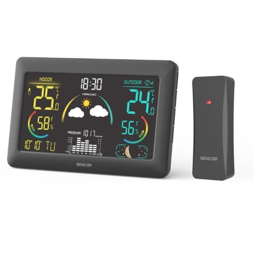 Метеостанція Sencor, внутр/зовн вимірювання, від мережі/AAх3+AAx2, темп-ра, вологість, час, прогноз погоди, чорний