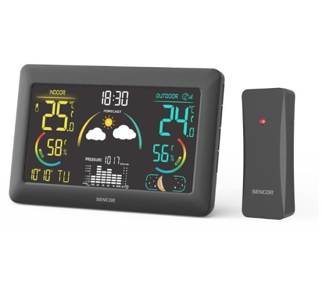 Метеостанція Sencor, внутр/зовн вимірювання, від мережі/AAх3+AAx2, темп-ра, вологість, час, прогноз погоди, чорний