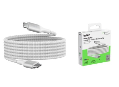 Кабель USB-C > USB-C заряджання/синхронізації Belkin 2м, 240Вт, Type-C, плетений, білий