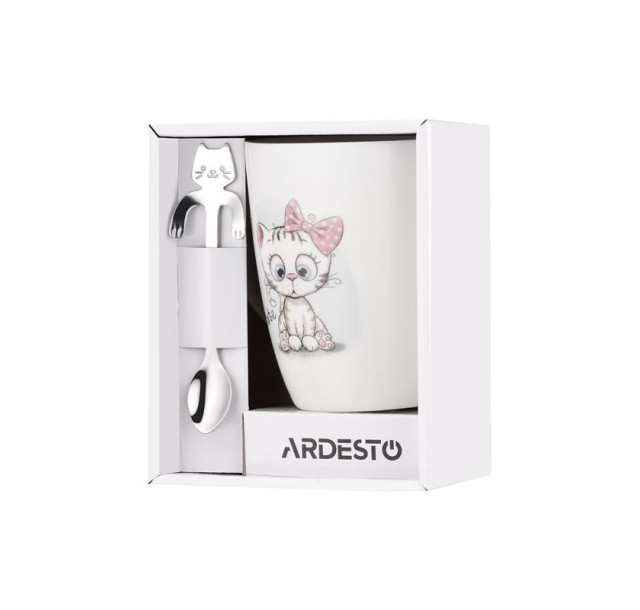 Чашка з ложкою Ardesto Cute, 320мл, порцеляна, нержавіюча сталь, білий