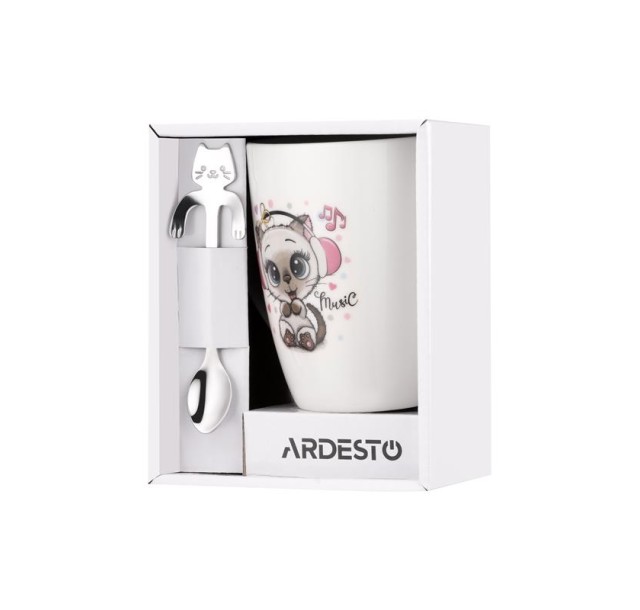 Чашка з ложкою Ardesto Music, 320мл, порцеляна, нержавіюча сталь, білий