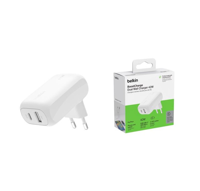 Зарядний пристрій мережевий Belkin 42Вт USB-C PD PPS 30Вт, USB-A 12Вт, білий
