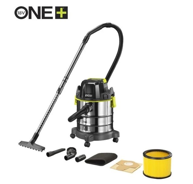 Пилосос акумуляторний професійний Ryobi ONE+ R18WDV-0 18В 82Вт 11.4кПа контейнер 18л 4.7кг (без АКБ та ЗП)