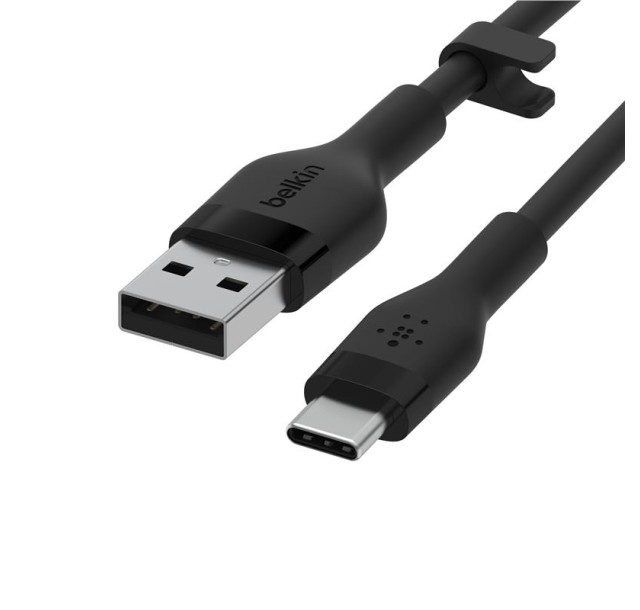 Кабель USB-A > USB-C заряджання/синхронізації Belkin 2м, Type-C, силіконовий з кліпсою, чорний