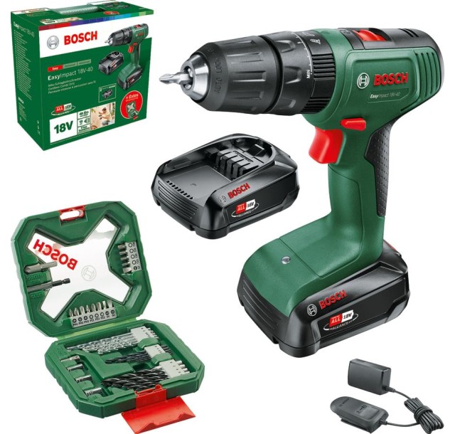 Шурупокрут-дриль акумуляторний Bosch EasyImpact 18V-40 18В 2х2А·год 20·38Нм 0-430·0-1630об·хв кейс ЗП набір з 34 предметів (АС Xline) 1.4кг