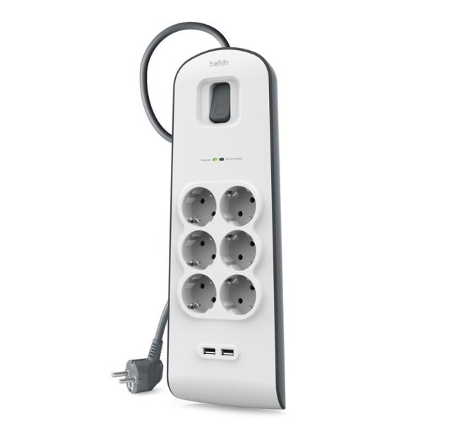 Подовжувач-фільтр мережевий Belkin 6хТип F, 3x1.5мм кв, 16А, 2xUSB-A 2.4A, з захистом від перенапруги, 2м, білий