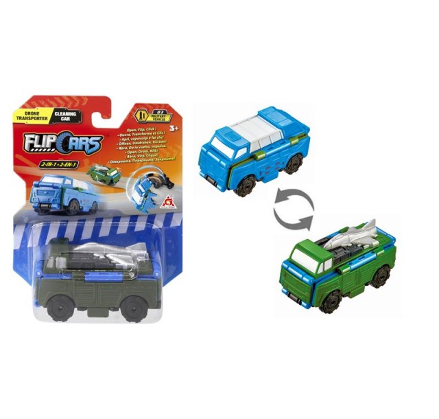 Машинка-трансформер Flip Cars 2в1 Військовий транспорт, Дрон-транспортер і Прибиральний автомобіль