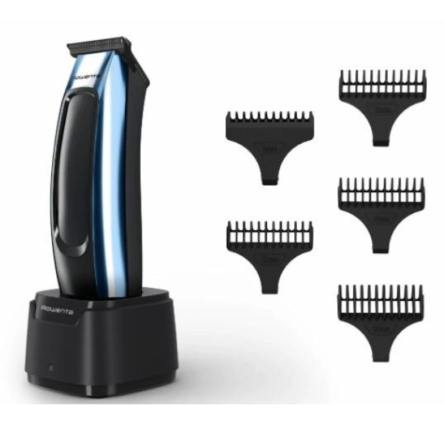 Тример Rowenta Barber Experience, для голови, бороди, мережа+акум., роторний мотор, насадок-5, нержавіюча сталь з покриттям DLC, чорно-синій